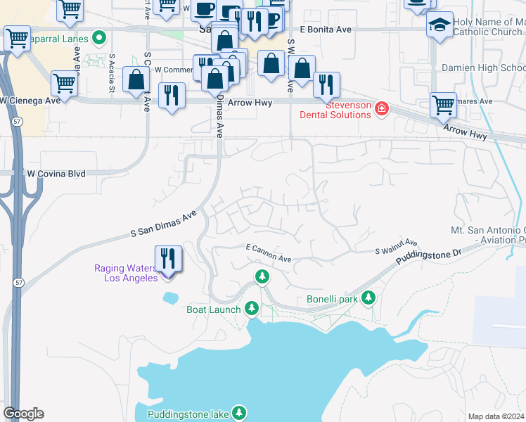 map of restaurants, bars, coffee shops, grocery stores, and more near 736 Knollwood Lane in San Dimas