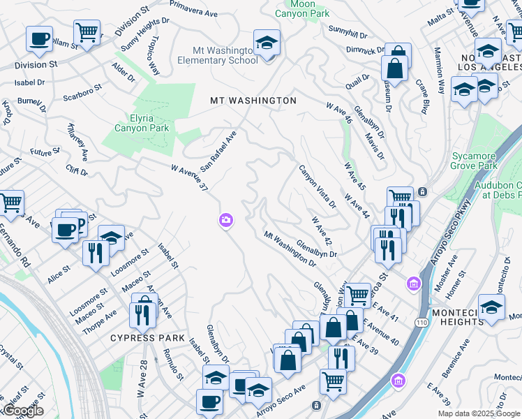 map of restaurants, bars, coffee shops, grocery stores, and more near Mount Washington Drive in Los Angeles