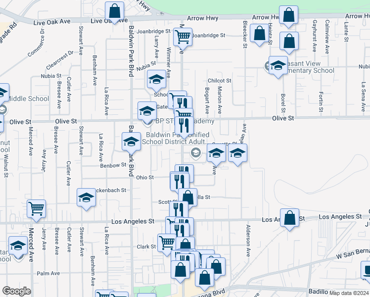 map of restaurants, bars, coffee shops, grocery stores, and more near 4668 Maine Avenue in Baldwin Park