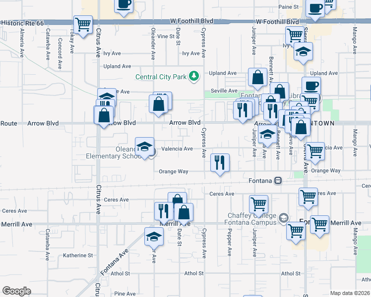 map of restaurants, bars, coffee shops, grocery stores, and more near Valencia Avenue in Fontana