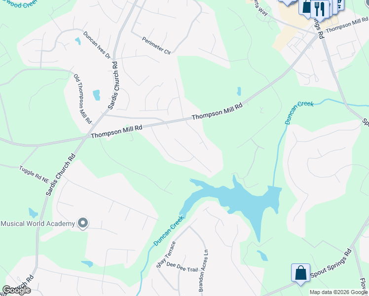 map of restaurants, bars, coffee shops, grocery stores, and more near 2530 Weber Heights Way in Buford