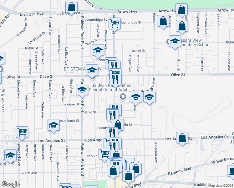 map of restaurants, bars, coffee shops, grocery stores, and more near 4668 Maine Avenue in Baldwin Park