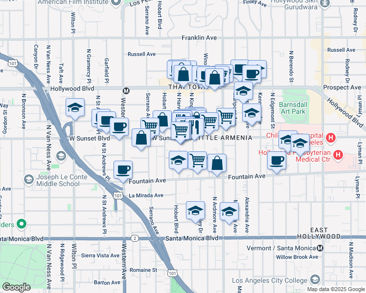 map of restaurants, bars, coffee shops, grocery stores, and more near 5208 Sunset Boulevard in Los Angeles