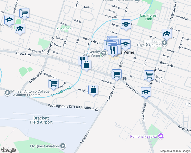 map of restaurants, bars, coffee shops, grocery stores, and more near 2036 Arrow Highway in La Verne