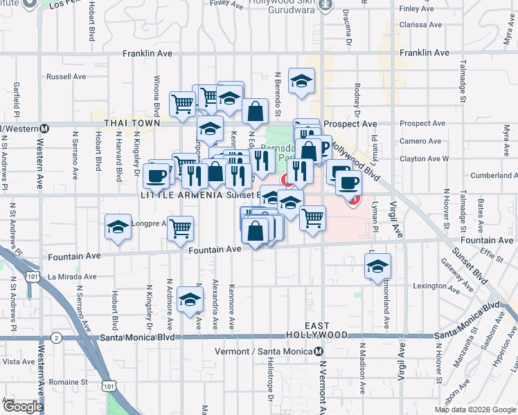 map of restaurants, bars, coffee shops, grocery stores, and more near 1505 North Edgemont Street in Los Angeles