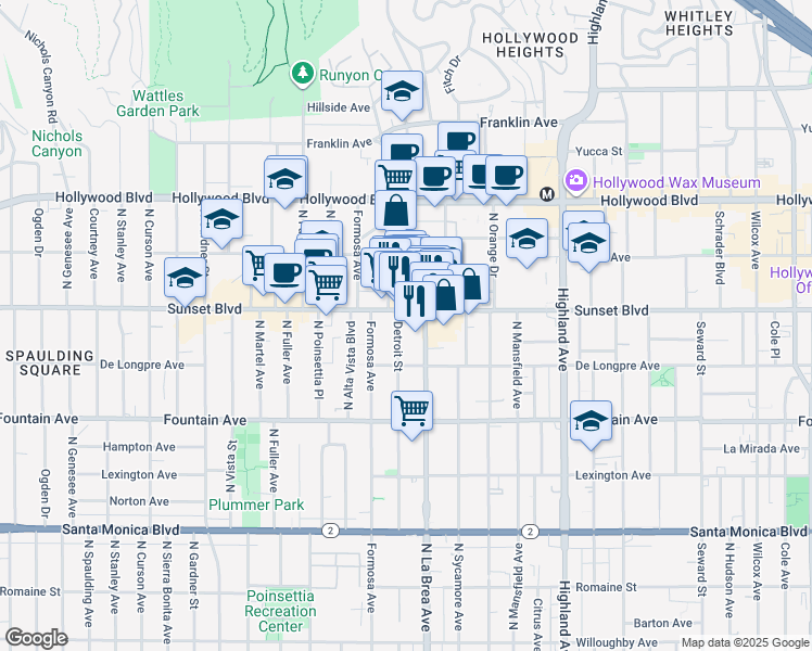 map of restaurants, bars, coffee shops, grocery stores, and more near 7135 Sunset Boulevard in Los Angeles