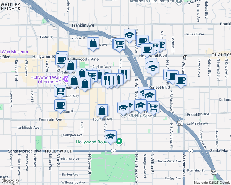 map of restaurants, bars, coffee shops, grocery stores, and more near 1466 Tamarind Avenue in Los Angeles