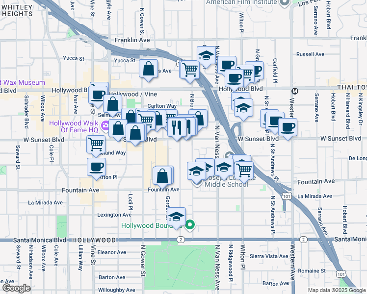 map of restaurants, bars, coffee shops, grocery stores, and more near 1466 Tamarind Avenue in Los Angeles