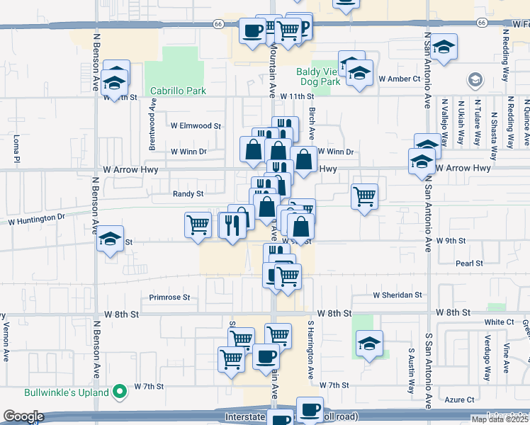 map of restaurants, bars, coffee shops, grocery stores, and more near 365 North Mountain Avenue in Upland