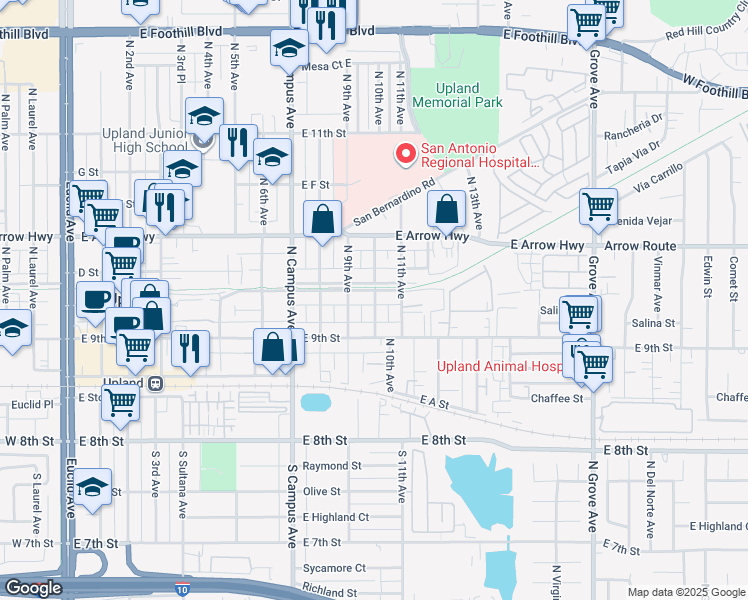 map of restaurants, bars, coffee shops, grocery stores, and more near 1051 East Washington Boulevard in Upland