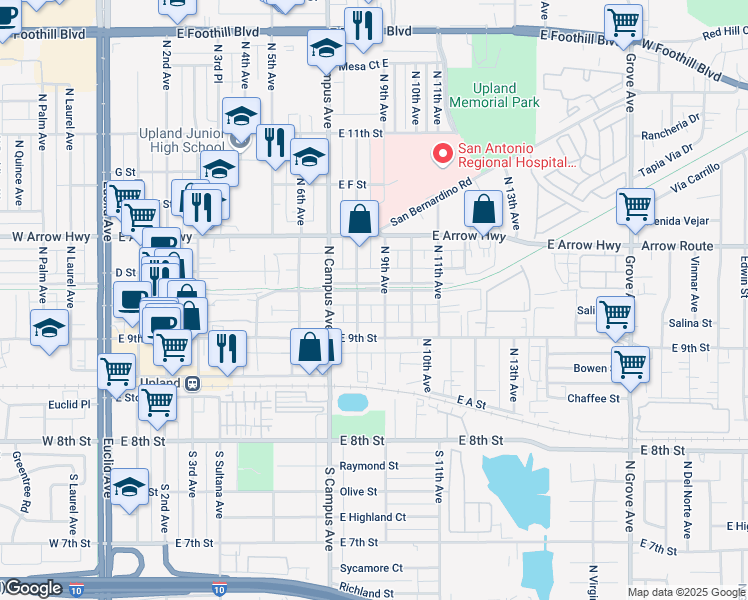 map of restaurants, bars, coffee shops, grocery stores, and more near 374 North 9th Avenue in Upland