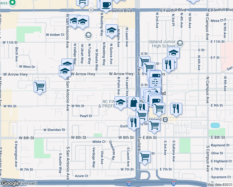 map of restaurants, bars, coffee shops, grocery stores, and more near 227 West Vernon Drive in Upland