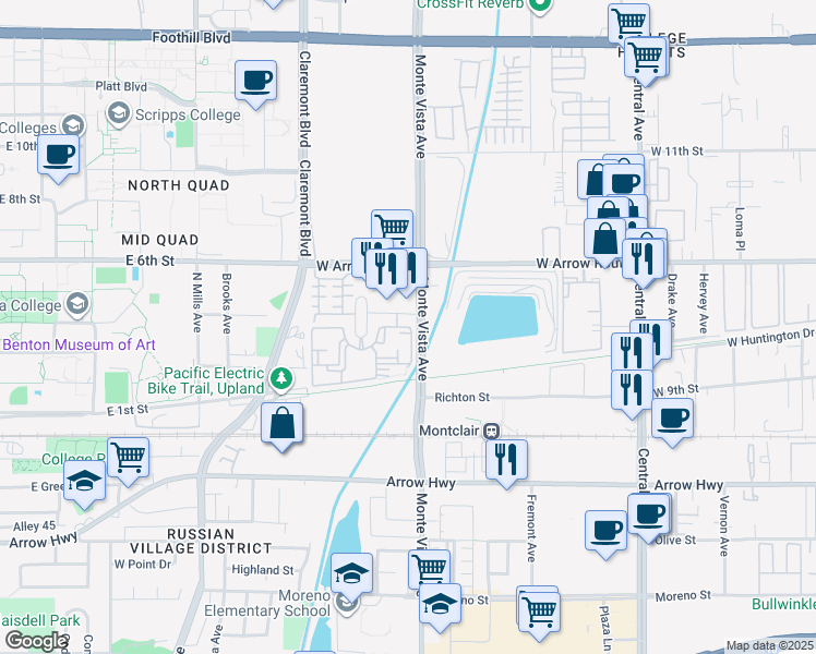 map of restaurants, bars, coffee shops, grocery stores, and more near 2420 West Arrow Route in Upland