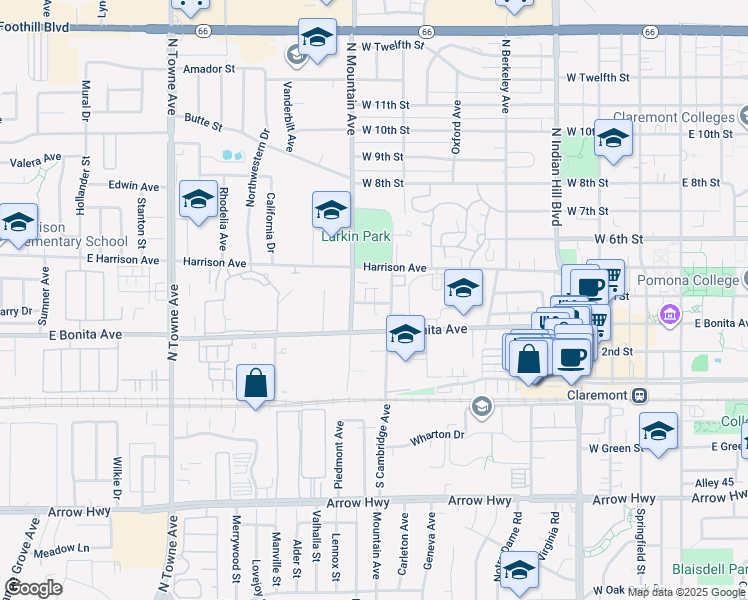 map of restaurants, bars, coffee shops, grocery stores, and more near 457 North Cambridge Avenue in Claremont