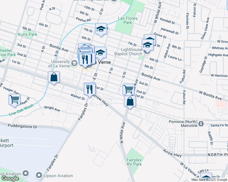 map of restaurants, bars, coffee shops, grocery stores, and more near 2330 2nd Street in La Verne