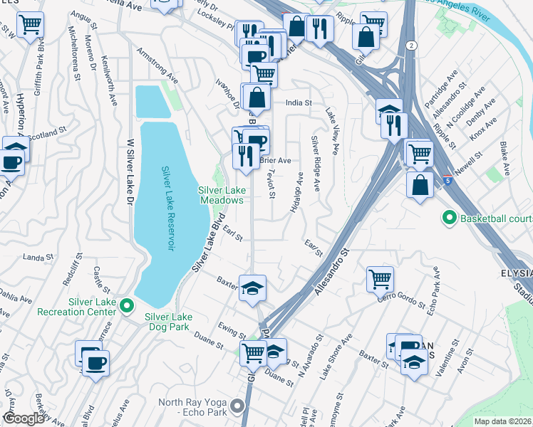 map of restaurants, bars, coffee shops, grocery stores, and more near 2323 Teviot Street in Los Angeles