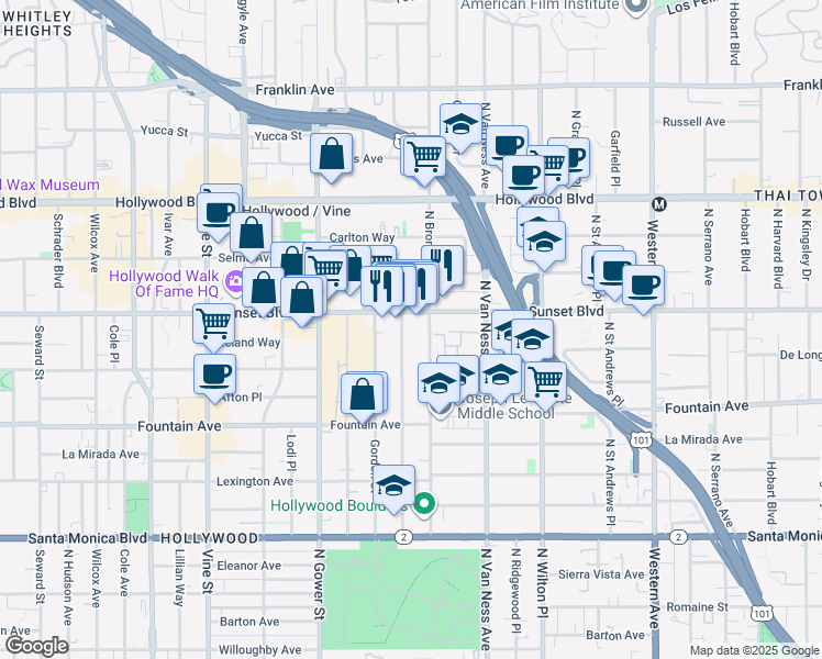map of restaurants, bars, coffee shops, grocery stores, and more near in Los Angeles