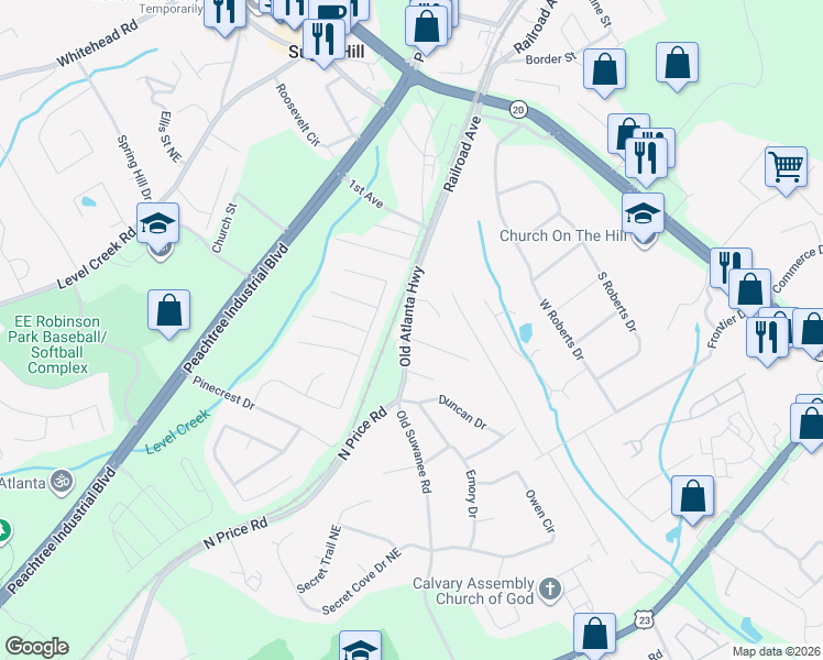 map of restaurants, bars, coffee shops, grocery stores, and more near 4705 Lois Drive in Buford