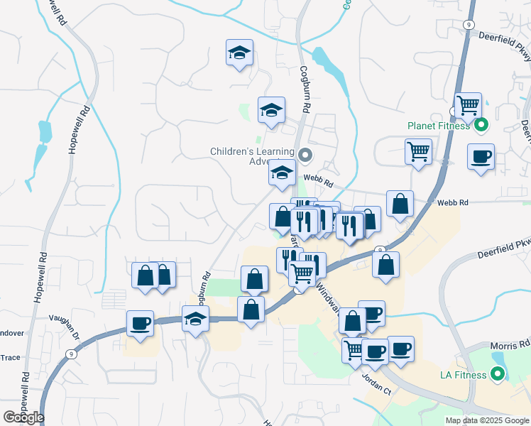 map of restaurants, bars, coffee shops, grocery stores, and more near 12975 Cogburn Road in Alpharetta