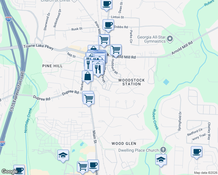map of restaurants, bars, coffee shops, grocery stores, and more near 245 Fowler Street in Woodstock