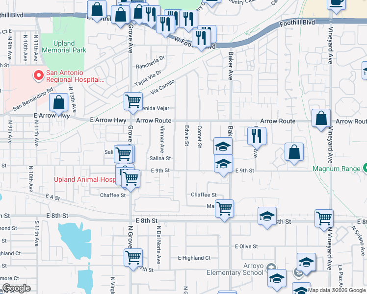 map of restaurants, bars, coffee shops, grocery stores, and more near 8606 Edwin Street in Rancho Cucamonga