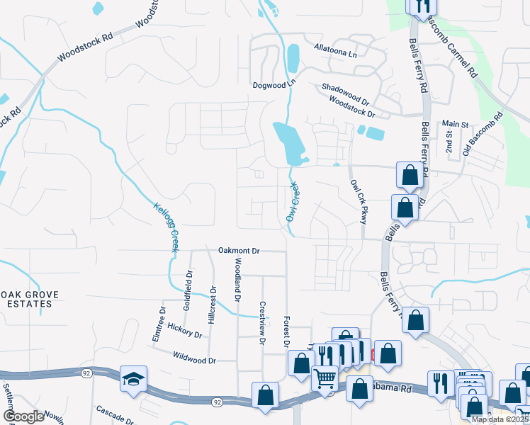 map of restaurants, bars, coffee shops, grocery stores, and more near 120 Sunny Side Way in Acworth