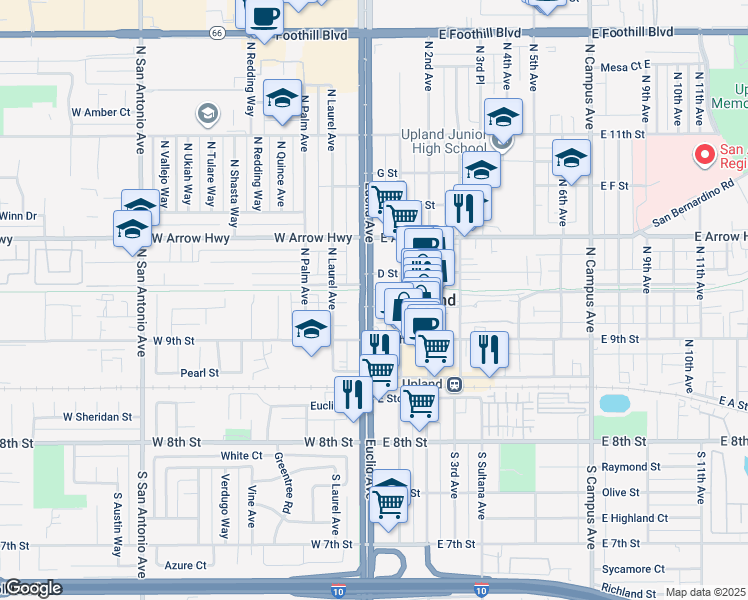 map of restaurants, bars, coffee shops, grocery stores, and more near 300 Pacific Electric Trail in Upland