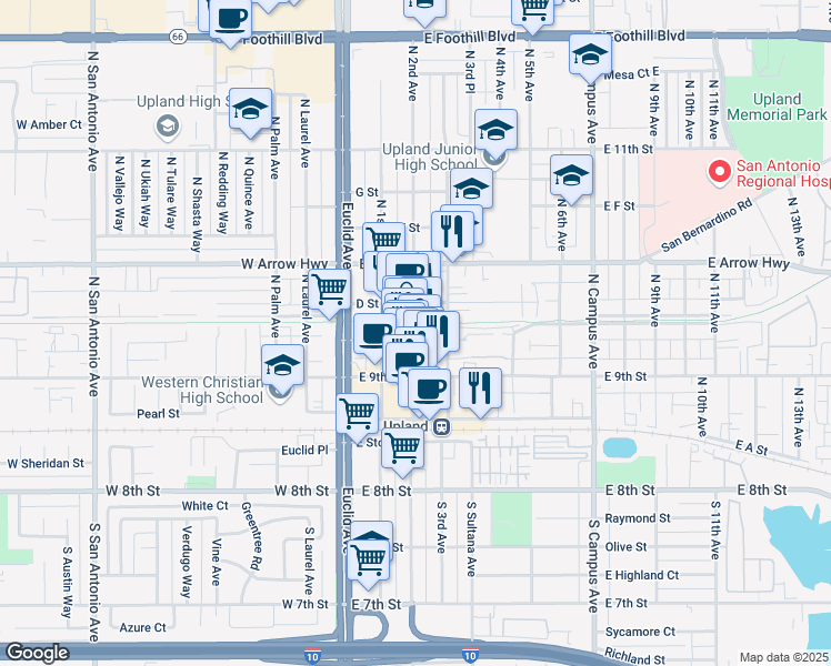 map of restaurants, bars, coffee shops, grocery stores, and more near 1228 Scenic View Street in Upland