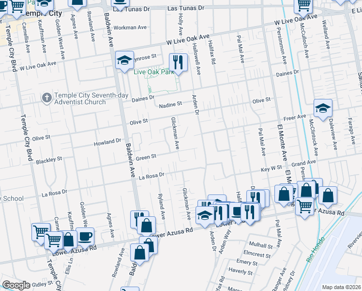 map of restaurants, bars, coffee shops, grocery stores, and more near 10206 Randwick Drive in Temple City