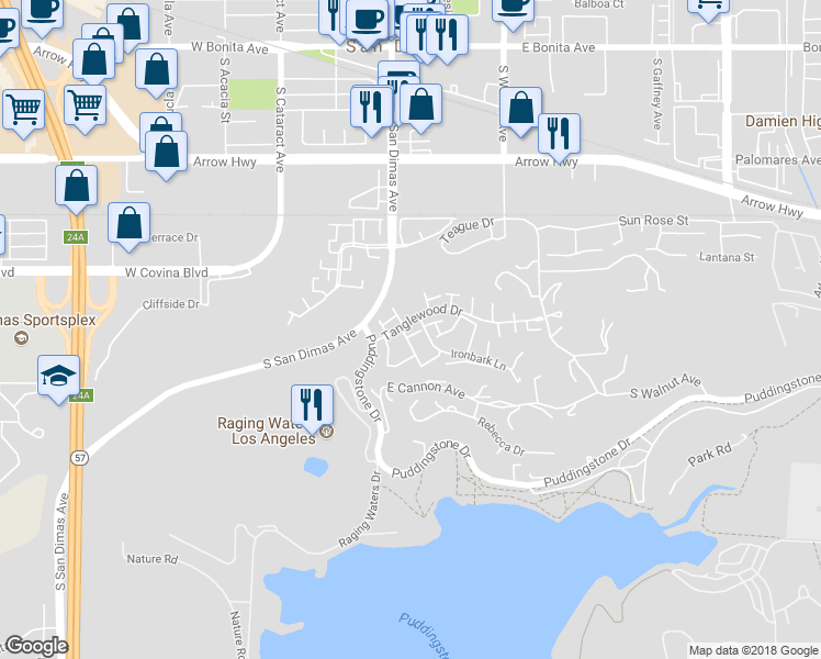 map of restaurants, bars, coffee shops, grocery stores, and more near 743 Smokewood Lane in San Dimas