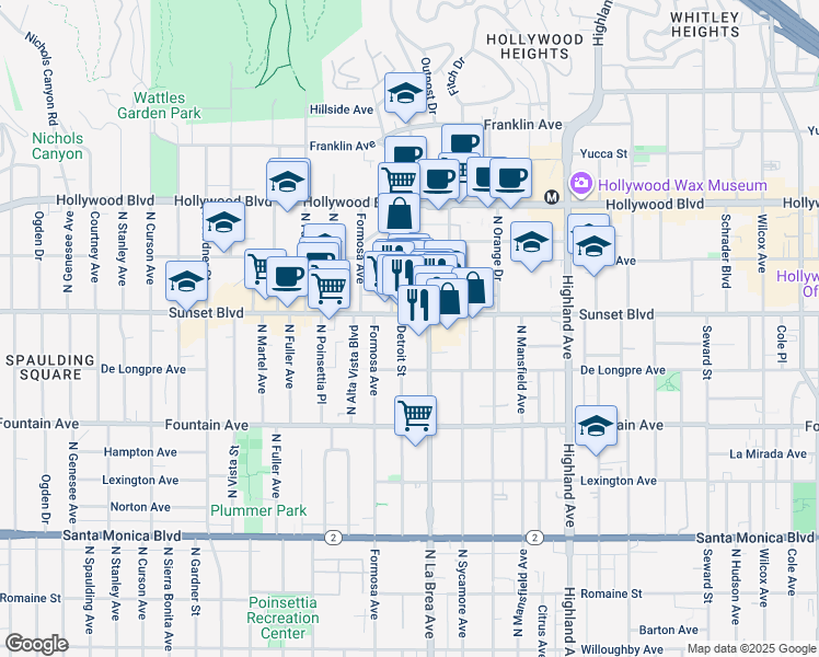 map of restaurants, bars, coffee shops, grocery stores, and more near 1446 North Detroit Street in Los Angeles