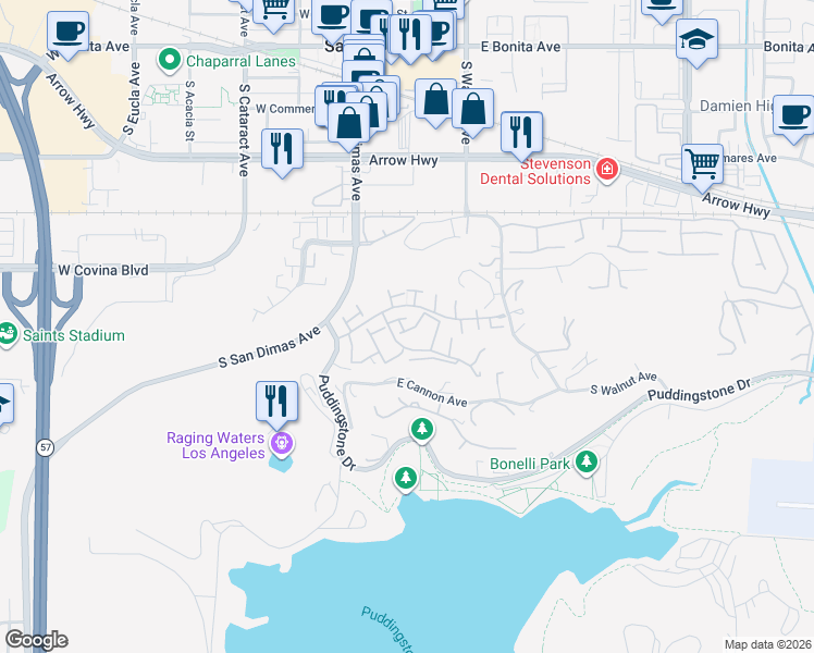 map of restaurants, bars, coffee shops, grocery stores, and more near 716 Knollwood Lane in San Dimas