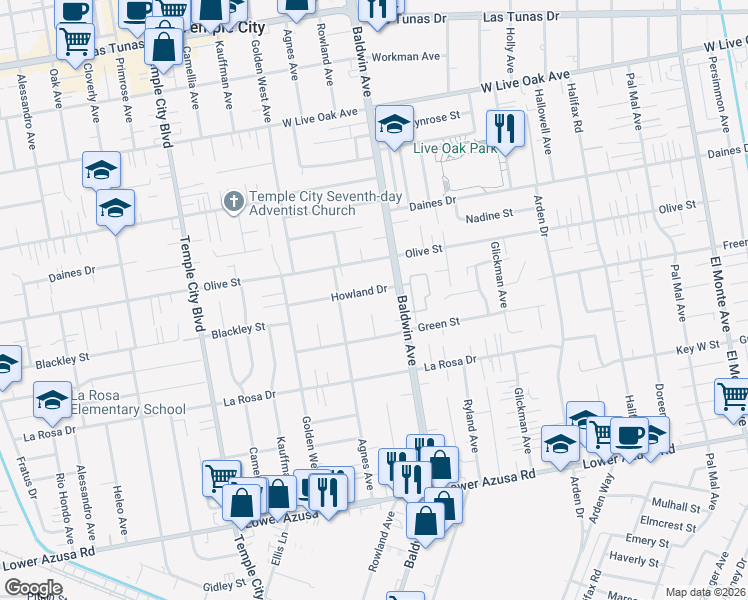 map of restaurants, bars, coffee shops, grocery stores, and more near 9942 Howland Drive in Temple City
