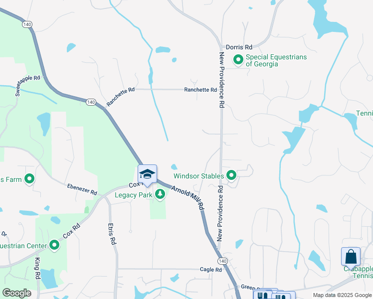 map of restaurants, bars, coffee shops, grocery stores, and more near 12950 New Providence Road in Alpharetta