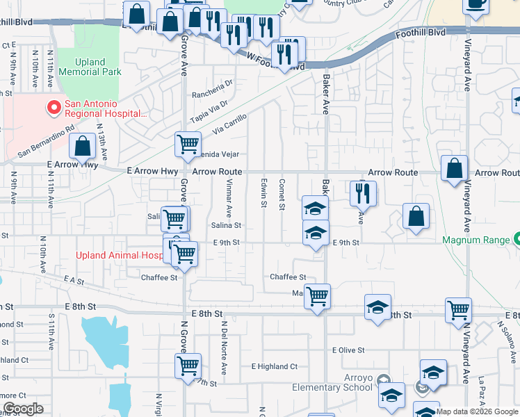 map of restaurants, bars, coffee shops, grocery stores, and more near 8606 Edwin Street in Rancho Cucamonga