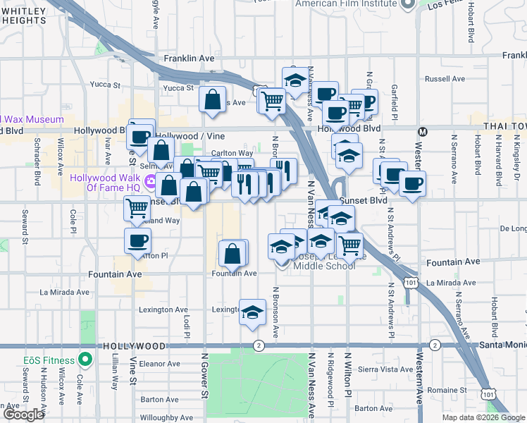 map of restaurants, bars, coffee shops, grocery stores, and more near 1466 Tamarind Avenue in Los Angeles