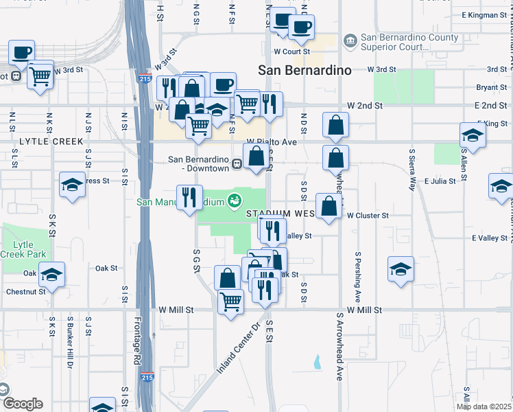 map of restaurants, bars, coffee shops, grocery stores, and more near 280 South E Street in San Bernardino