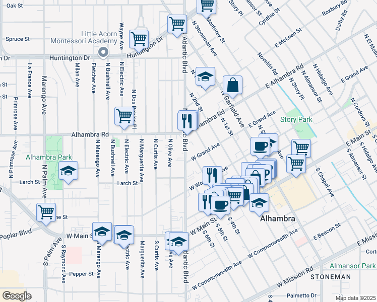 map of restaurants, bars, coffee shops, grocery stores, and more near 526 North Atlantic Boulevard in Alhambra
