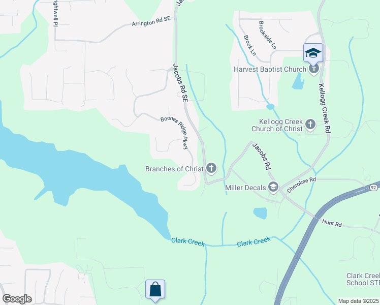 map of restaurants, bars, coffee shops, grocery stores, and more near 115 Boones Ridge Parkway in Acworth