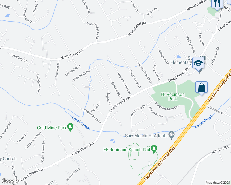 map of restaurants, bars, coffee shops, grocery stores, and more near 4970 Bent Creek Court in Sugar Hill