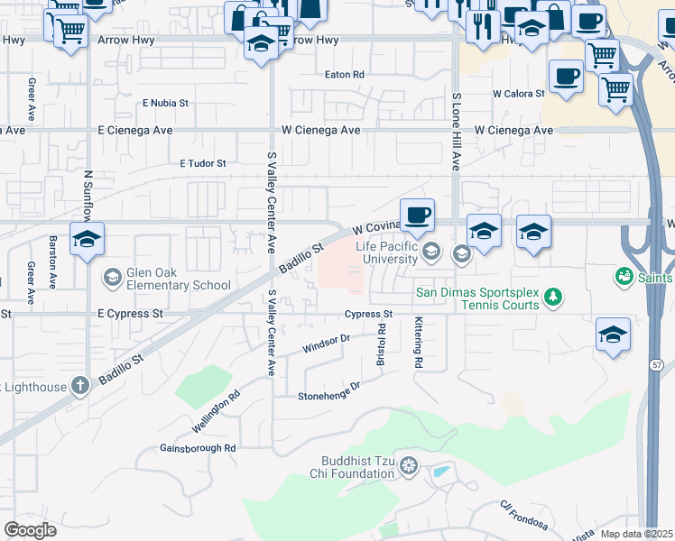 map of restaurants, bars, coffee shops, grocery stores, and more near 1350 West Covina Boulevard in San Dimas