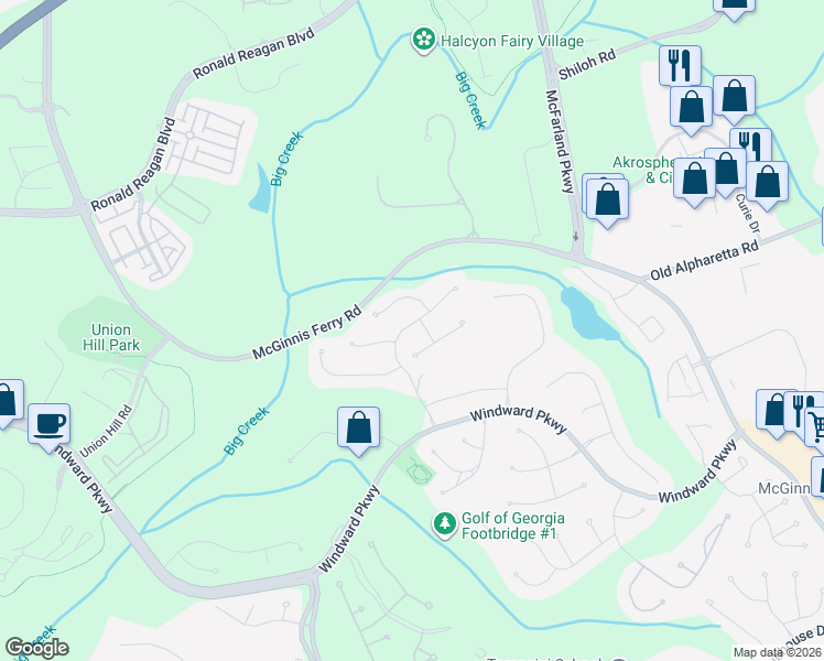 map of restaurants, bars, coffee shops, grocery stores, and more near 1195 Wynridge Crossing in Alpharetta