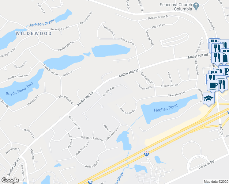 map of restaurants, bars, coffee shops, grocery stores, and more near 1106 Enclave Way in Columbia