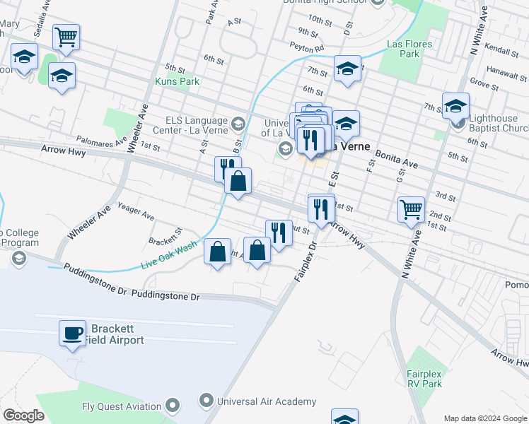 map of restaurants, bars, coffee shops, grocery stores, and more near 2013 Walnut Street in La Verne