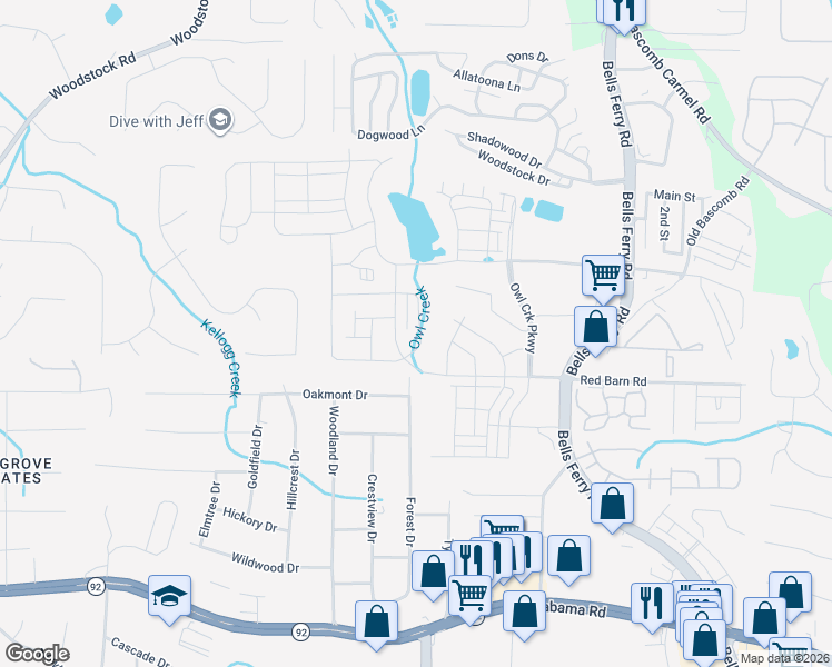 map of restaurants, bars, coffee shops, grocery stores, and more near 5826 Forest Dr in Acworth