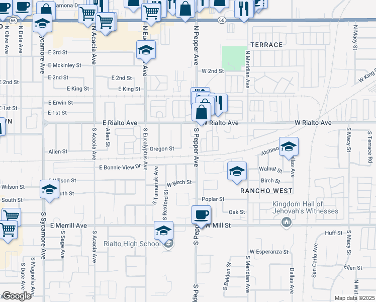 map of restaurants, bars, coffee shops, grocery stores, and more near 2904 Dynamic Place in Rialto