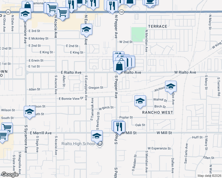 map of restaurants, bars, coffee shops, grocery stores, and more near 2904 Dynamic Place in Rialto