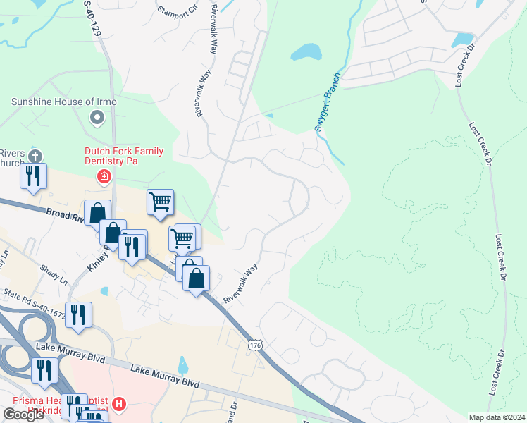 map of restaurants, bars, coffee shops, grocery stores, and more near 14 Margate Court in Irmo