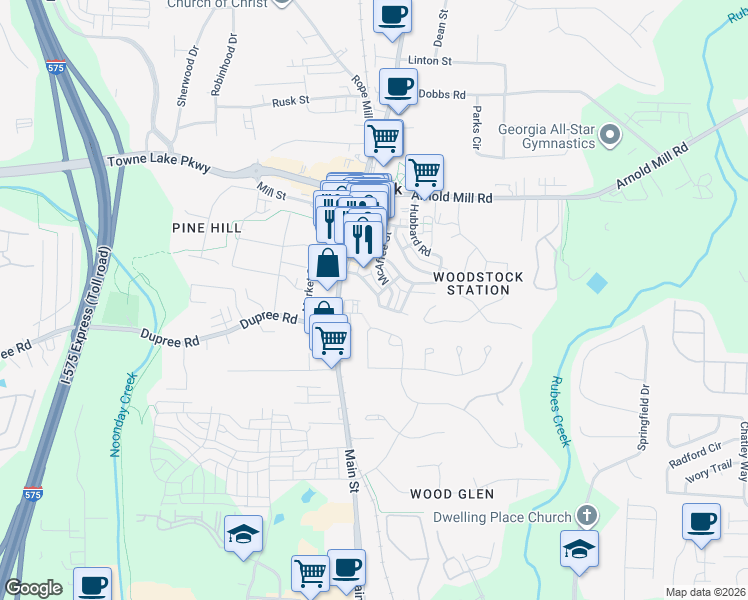 map of restaurants, bars, coffee shops, grocery stores, and more near 187 Fowler Street in Woodstock