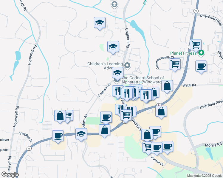 map of restaurants, bars, coffee shops, grocery stores, and more near 12975 Cogburn Road in Alpharetta